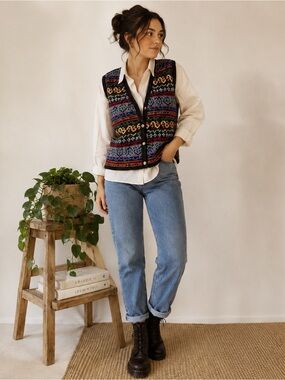 Vintage Knit Sweater Vest Cardigan 90s button up Liz Wear Fair Isle Top - Shirt